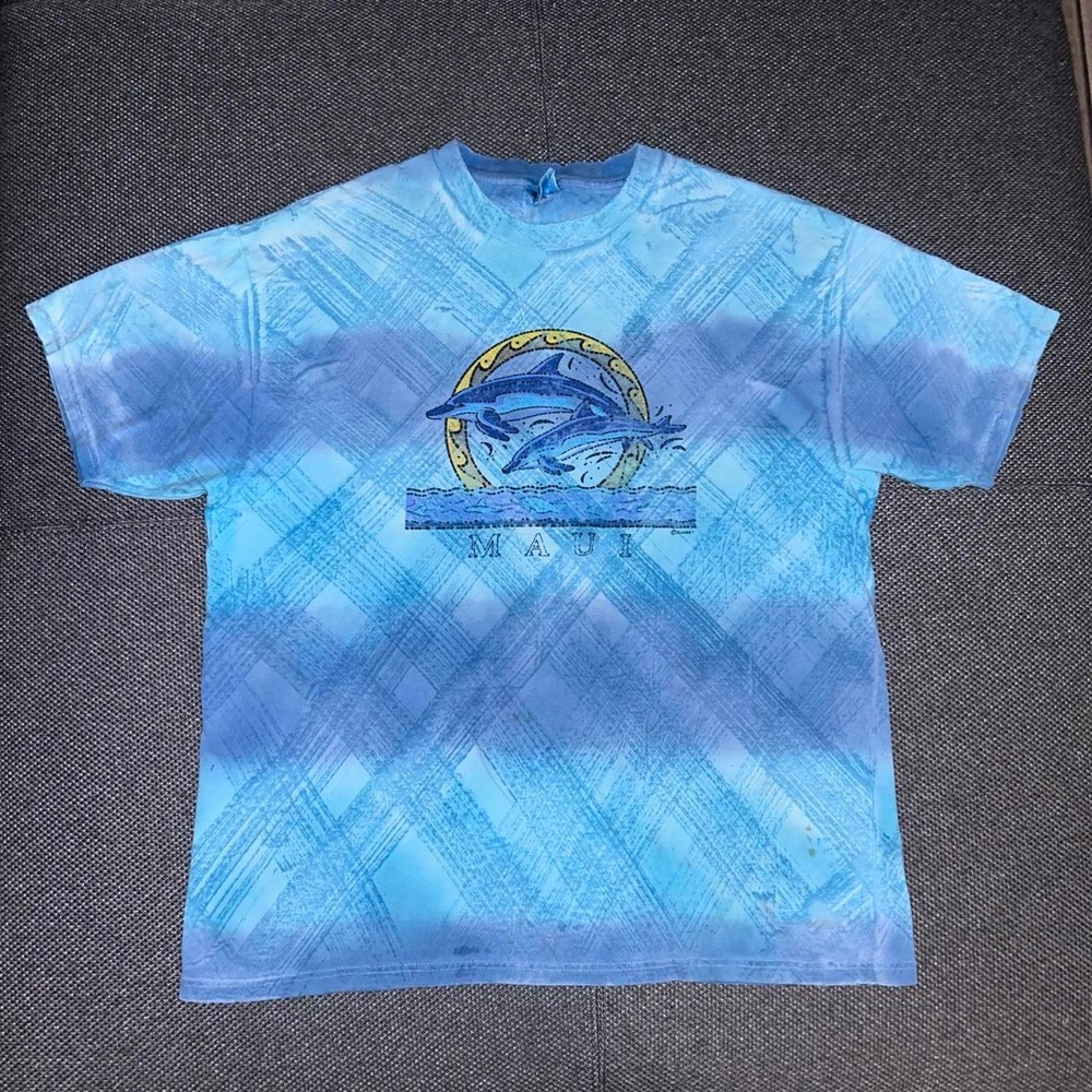 Vintage 90s Maui Hawaii Blue Tie Dye Dolphins Graphic T Shirt Size XL